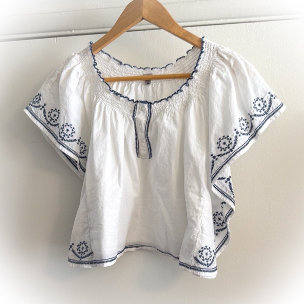 White Smocked Crop Blouse with Flutter Sleeves